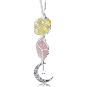 LAIDANLA Car Charm Crystal Hanging Accessories Citrine and Rose Quartz Rearview Mirror Decorations Dangling Moon Star Handmade Hanging Ornaments Protection Spiritual Energy