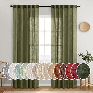 MIULEE Light Olive Green Linen Curtains 84 Inch Length 2 Panels for Bedroom Living Room, Soft Linen Textured Natural Window Drapes Semi Sheer Light Filtering Back Tab Rod Pocket Burlap Look Decor, 52 x 84