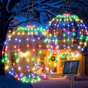 Flacchi Set of 2 Solar Hanging Ball Lights - 2 Sizes of Christmas Outdoor Garden Lanterns Waterproof Globe Fairy Lights with 8 Lighting Modes Timer Memory Function (Multicolor)
