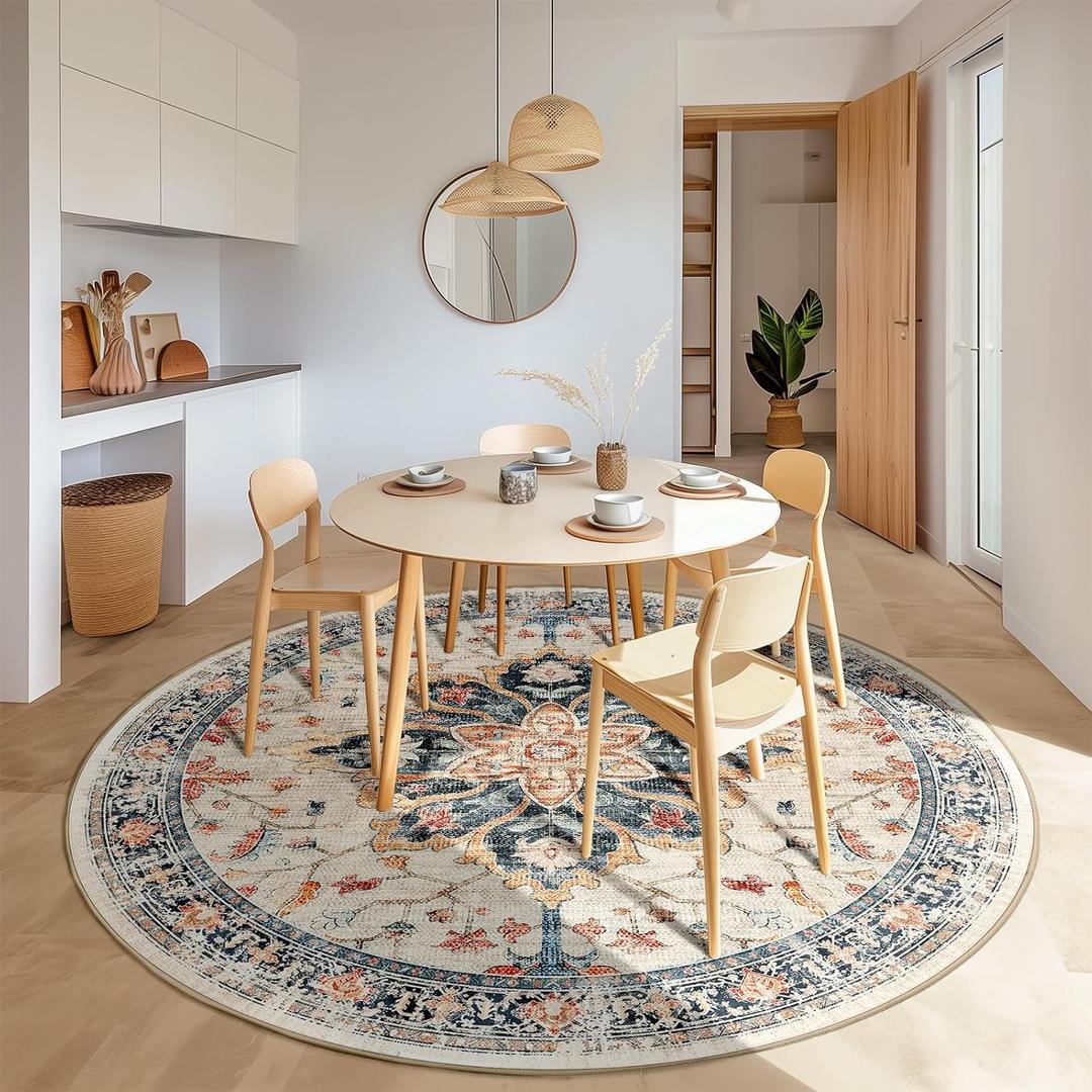 Area Rugs 8ft Washable Non-Slip, Floral Vintage Distress Print Pattern Medallion Carpet for Living Room Bedroom Dining Room, Beige Navy Blue Orange Colorful (round 8ft, Beige/Blue/Orange)