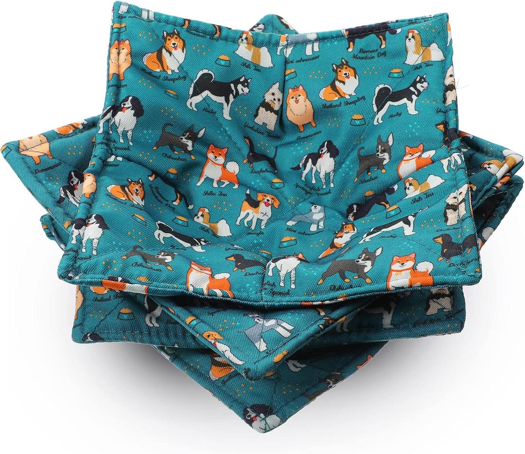 Cunhill 4 Pcs Cotton Microwave Bowl Cozy Holders for Hot Food Hot Pads Soup Bowl Potholders Heat Resistant Multipurpose Quilted Safe Holders for Kitchen Plate Supply (Blue,Dog Style)