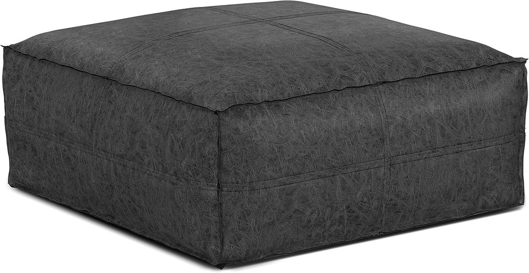 SIMPLIHOME Brody Boho Square Pouf in Distressed Black Vegan Faux Leather for the Living Room, Bedroom and Kids Room (Distressed Black, 30"D x 30"W x 14"H)