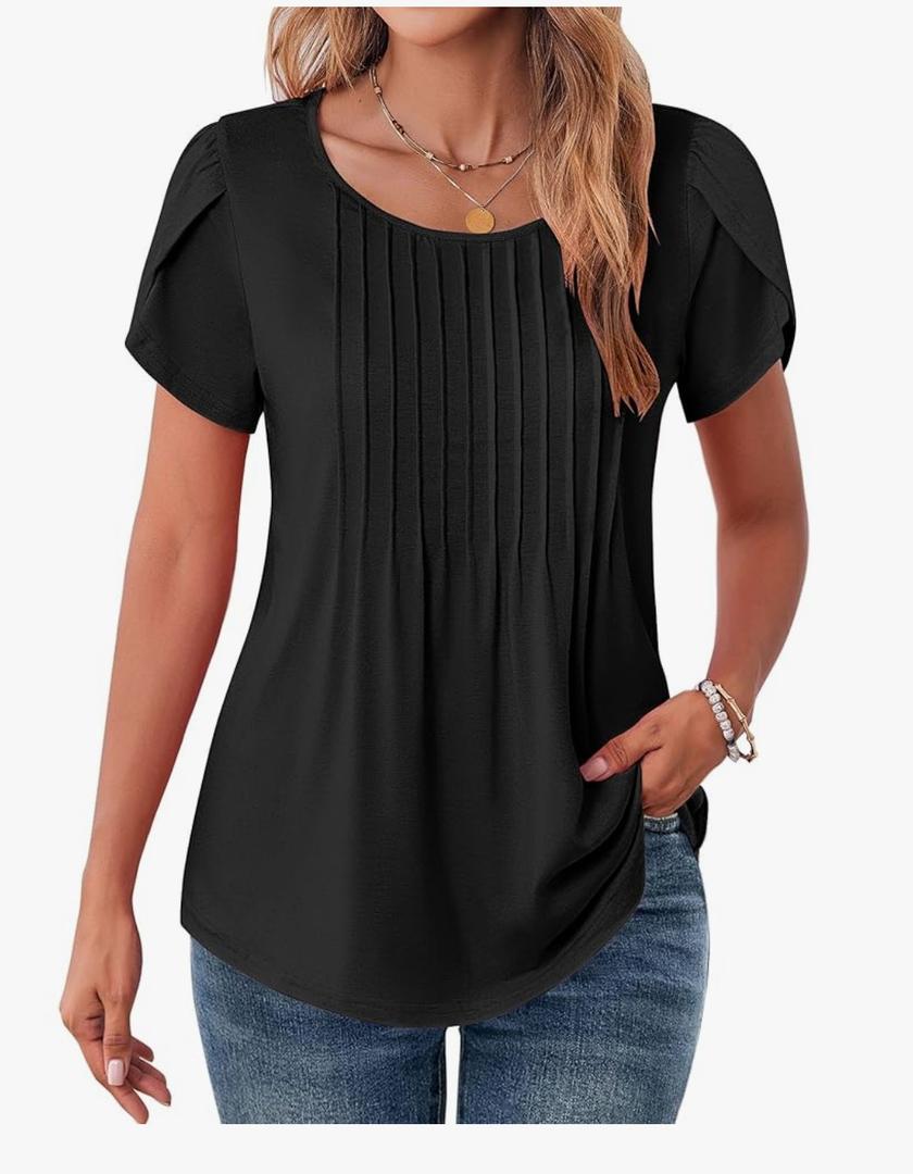 Womens Tops Petal Short Sleeve Summer Casual Crew Neck Shirts Floral Solid Blouse Pleated Tunics M