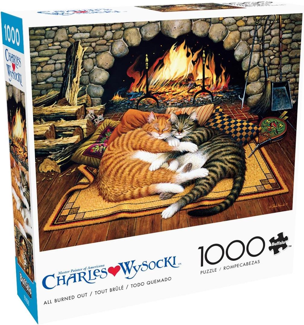 Buffalo Games  Charles Wysocki All Burned Out 1000 Piece Jigsaw Puzzle for Adults, Cozy Cat Fireplace Americana Artwork, Made in USA