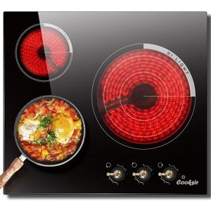 Cooksir Electric Cooktop 24 Inch - 3 Burner Built-in Electric Stove Top 5700W, Radiant Electrical Stovetop with 9 Heating Level, Knob Control, Over-Temperature Protection, 220V Hard Wired (No Plug)