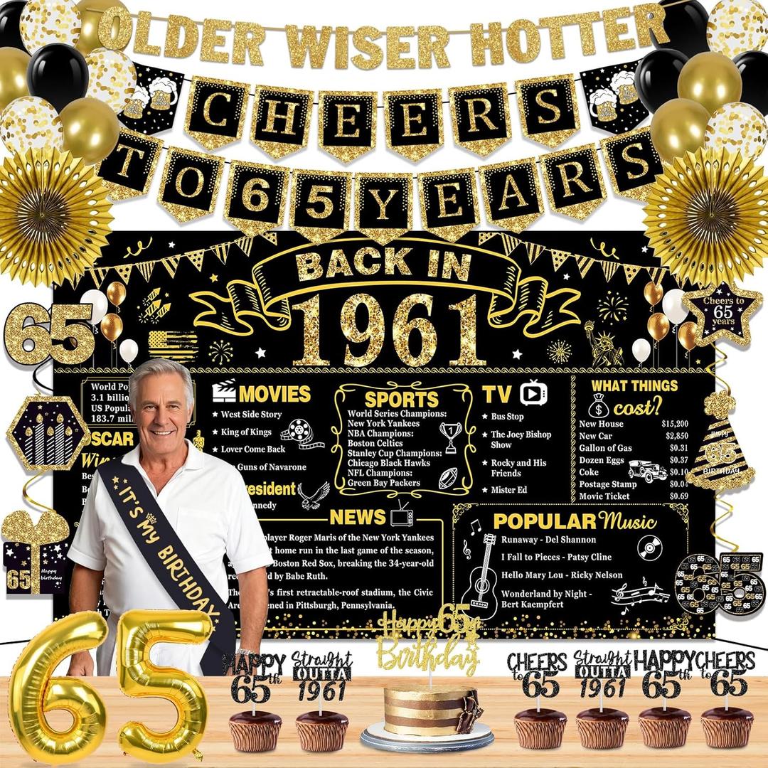 65th Birthday Decorations for Men Women, 36 Pcs Back in 1961 Birthday Party Decorations, Black Gold Happy 65th Banner,Vintage 65th Birthday Table Decorations ,Cake Topper, Sash Party Supplies