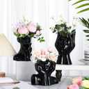 Sieral 3 Pcs Ceramic Face Vase Female Form Flower Modern Body Vase for Decor with Head Half Body Bust Centerpiece for Table Shelf Home Bedroom Room Office(Small,Black)