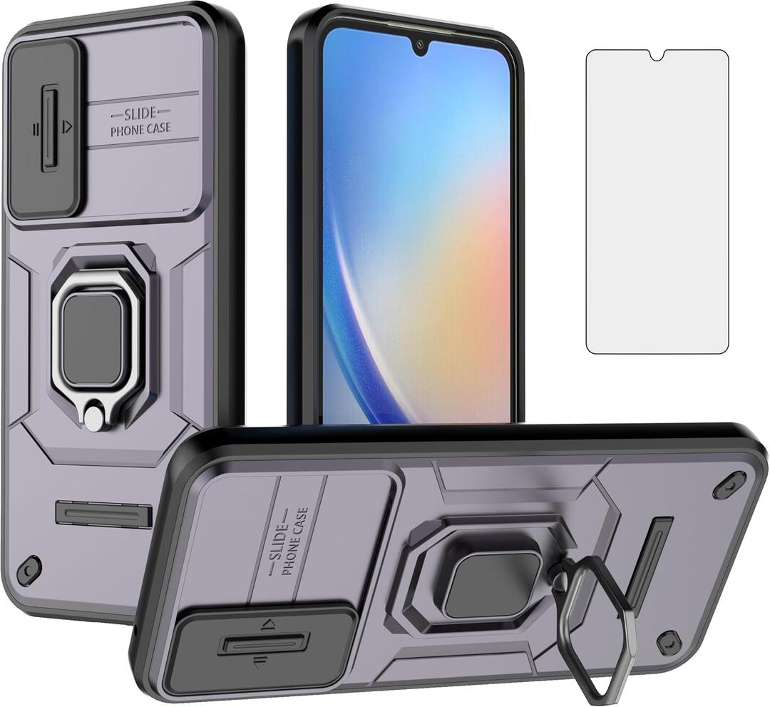 Asuwish Phone Case for Samsung Galaxy A34 5G with Slide Camera Cover Tempered Glass Screen Protector Ring Holder Stand Rugged Slim Protective Military Grade Hybrid Cell A 34 34A Women Men Purple