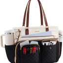 LOVEVOOK Teacher Tote Bag for Women Work, Laptop Bag with Large Cup Holder, Nurse Bag with Multi Pocket, Water-Resistant Business Travel Computer Briefcase Handbag Diaper Bag Mother Gift, 15.6 Inch (Black-beige-brown)