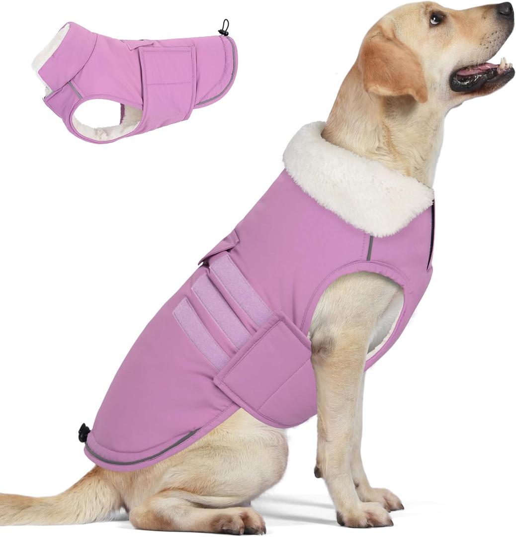 Mklhgty Extra Warm Dog Coat, Waterproof Dog Winter Jacket with Leash Portal, Fleece Reflective Pet Snow Vest for Dogs - Lilac - M