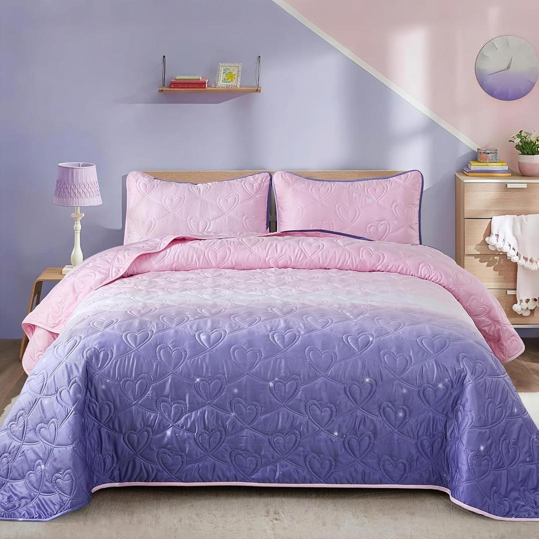 Xruibed Pink Purple Quilt Set Queen Size Ombre Quilt Set Kids Girls Bedding Set 3PCs Reversible Lightweight Microfiber Bedspread Coverlet Sets for All Season (96''x90'')