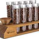 Single Dose Coffee Bean Storage Tubes 12 Pcs Coffee Bean Cellar Container Dosing Glass Vials,2oz Glass Jars With Lids, 2 Layers Sapele Display Stand And Wooden Funnel(Large)