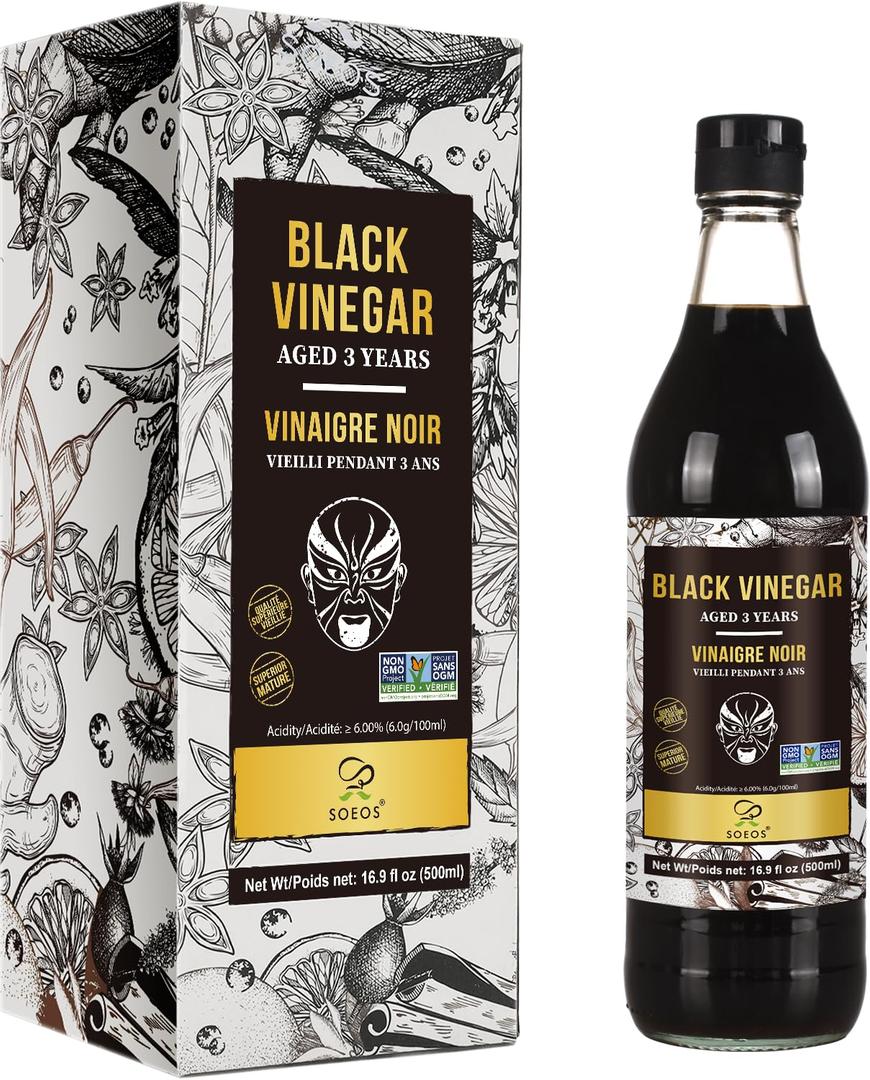 Soeos Chinkiang Vinegar 16.9 fl oz (500ml), 3 Years Aged, Naturally Fermented, Mature Aged Black Vinegar, Chinese Black Vinegar, Zhenjiang Vinegar, Black Rice Vinegar, Black Vinegar Chinese.