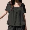 Esmeling Women Summer 2 Piece Pajamas Ruffled Short Sleeve Tops and Shorts Cute Bow Front Pajama Sets (Black, M)