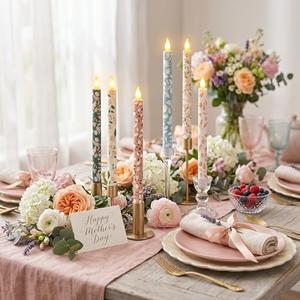 Honoson 6 Pcs Mother's Day Flameless Taper Candles 10.6 Inch Pastel Spring Flower Candles Battery Operated LED Candlesticks for Mother's Day Dinner Table Home Party Decor