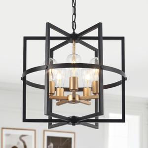 QMNHAU 19'' Black and Gold Chandeliers for Dining Room, 5Light Modern Farmhouse Industrical Pendant Light Fixture Rustic Geometric Hanging Chandelier for Kitchen Island Entryway Hallway Foyer