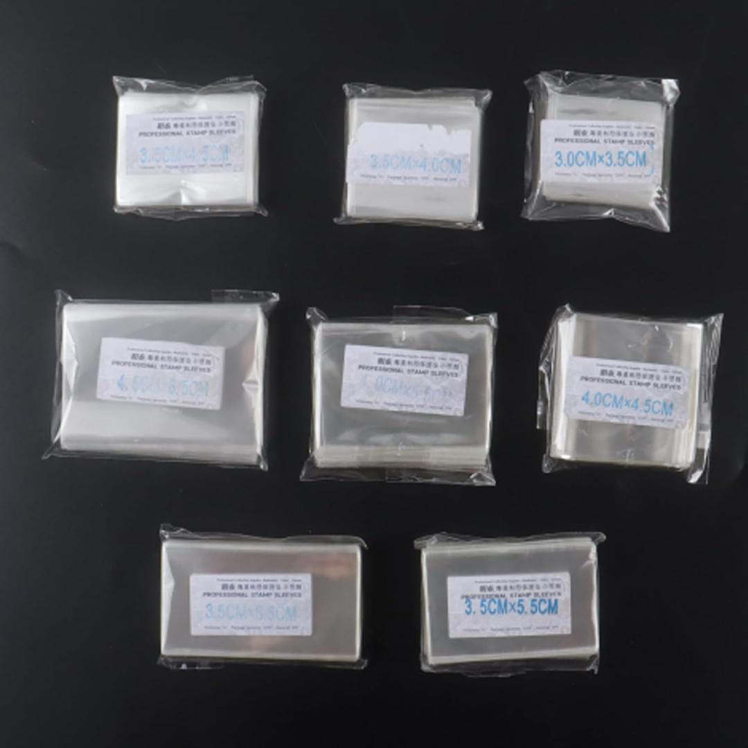 Klmnop OPP Stamp Protection Bags in 8 Models, 100pcs Each, Total 800 Stamp Sleeves for Collection, Philatelic Storage and Display Stamp Collecting Supplies, Thickness 3 Mils(Clear)