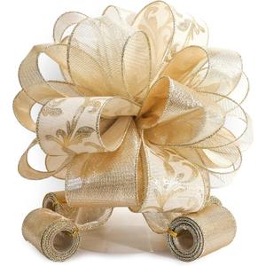 CT CRAFT LLC Champagne Gold Swirl Less Glitter Christmas Tree Topper Bow 11" with 4 Ribbon Streamers x 3 Yards Long Each for Holidy Elegant Fancy Home Dcor Indoor