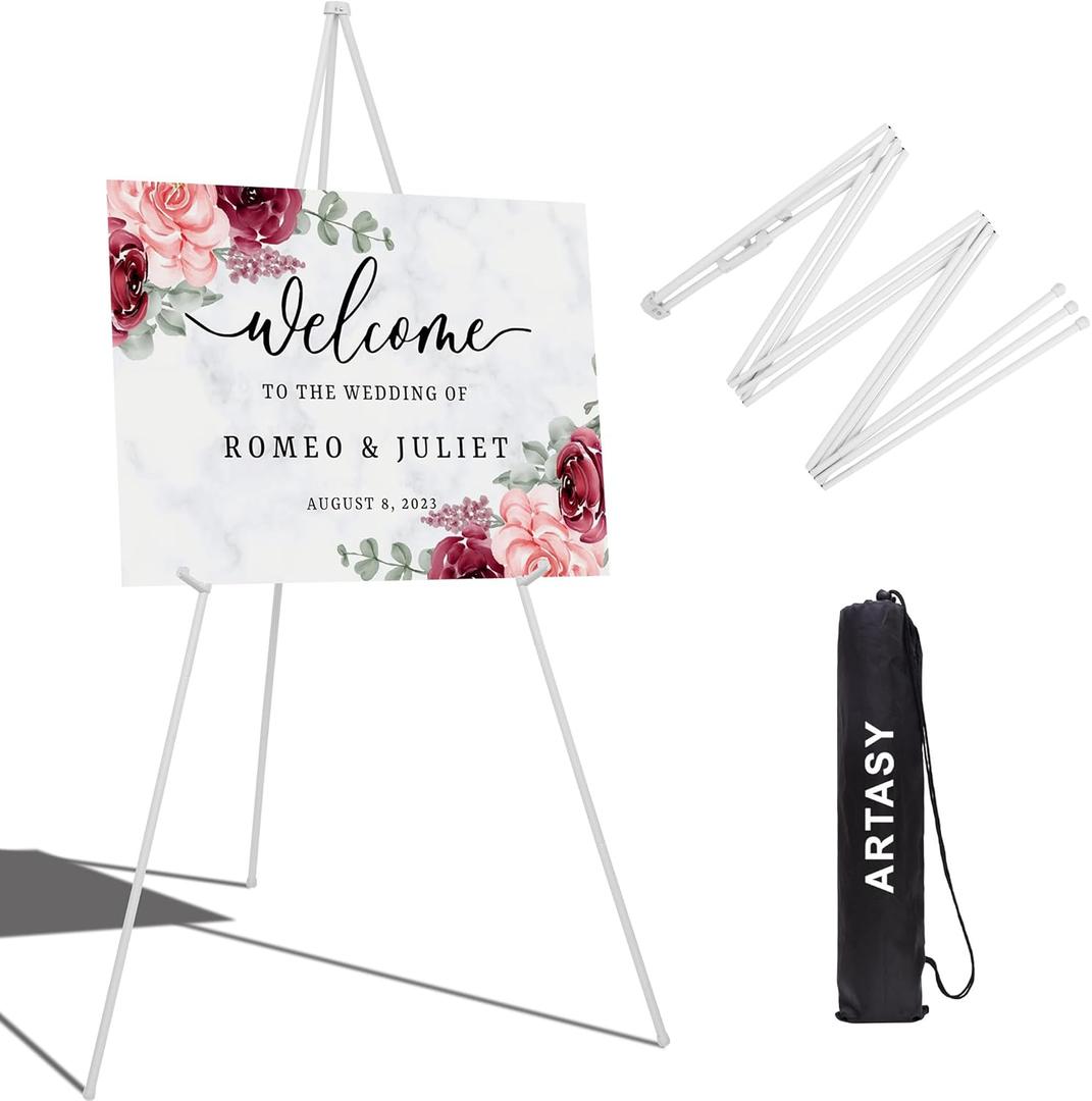 ARTASY 63" Easel Stand for Wedding Signs, Posters, Portable Artist Easel for Painting Canvas, Tripod for Home and Office, Supports 5 lbs-White 1/Pack