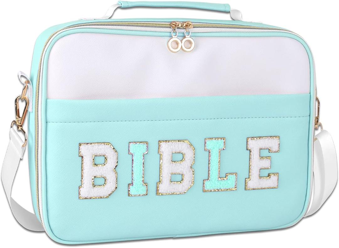 Bible Cover Case for Women,Large Leather Bible Carrying Cases Christian Gifts for Women Men Girls,Preppy Chenille Letter Bible Bag Bible Purse with Shoulder Strap,Green (Large, Green)