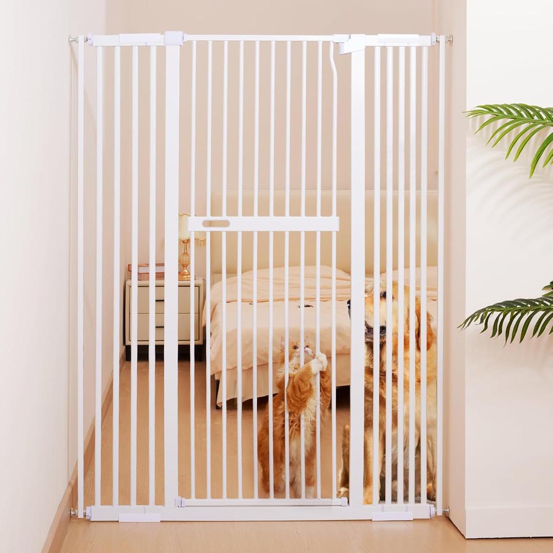 No Pawblems 55.1" Extra Tall Pet Gate for Cat/Dog, 29.9-44.4" Wide Auto Close Tall Cat Gate, NO Drilling Pressure Mounted for Doorways/Hallways, 1.37" Narrower Bar Spacing, White