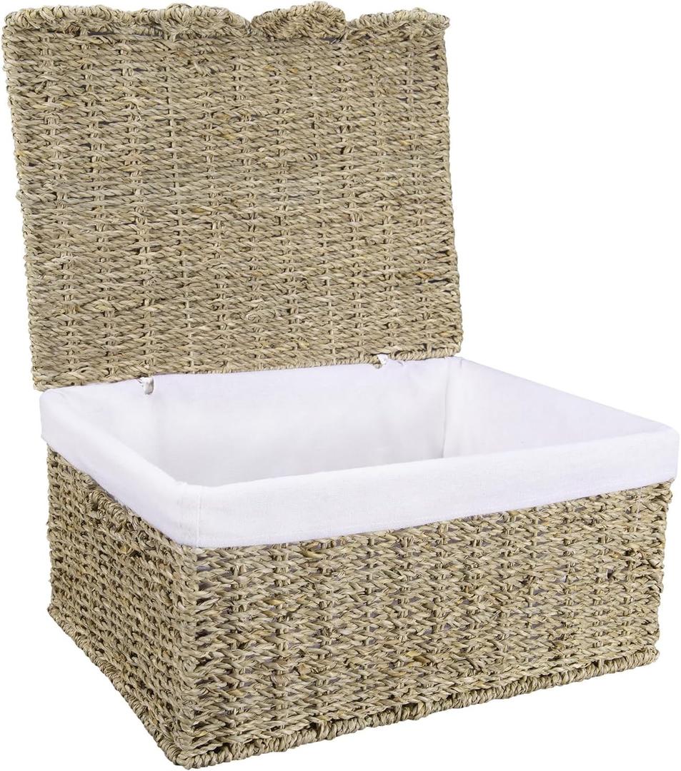 Storage Basket with Lid, Seagrass Wicker Basket for Shelves, Woven Blanket Storage Baskets with Handles, Removable Liner, Metal Frame, for Bedroom, Laundry Room, Natural