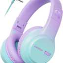 Kids Headphones with Cord for School, 74/85/94dB Volume Limit, Wired Over-Ear Headphones for Kids Boys Girls, Stereo Sound 3.5mm Jack for Tablet, Kindle, YOTO Player, Airplane Travel, Purple Green
