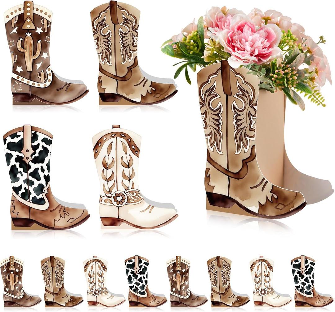 12 Set Western Boots Flower Boxes Centerpiece Boot Shape Gift Boxes Party Decoration Vase Centerpieces for Tables Boots Rodeo Birthday Baby Shower Supplies (Western,Cowboy Cow)