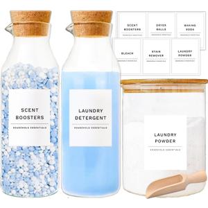 Glass Laundry Detergent Dispenser Set, Fabric Softener Dispenser, 3 Pack Laundry Detergent Jar & Laundry Bottles, Liquid Detergent Containers, Scent Booster & Bleach Dispenser for Laundry Room