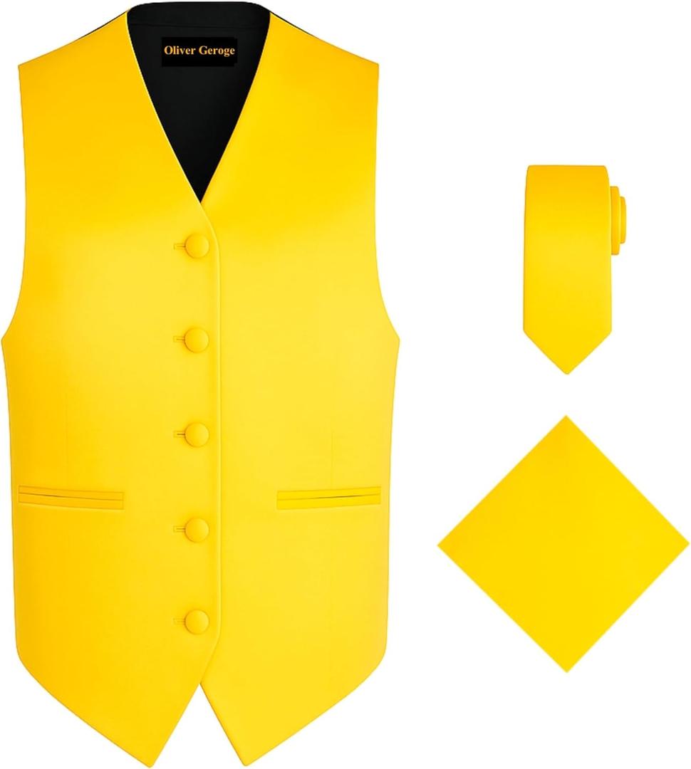 Oliver George 3pc Men's Solid Formal Suit Vest Waistcoat Tuxedo Dress Vest Necktie Handkerchief Set For Suit or Tuxedo (XX-Large, Yellow Gold)