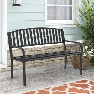 Outdoor Bench Garden Bench, Weatherproof Anti-Rust Heavy-Duty Outside Benches Clearance, Wrought Iron Metal Bench for Front Porch, Patio, Park, Black