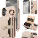Wallet Case for Samsung Galaxy S25 Plus S25+ 5G with Tempered Glass Screen Shoulder Strap Ring Buckle Flip Organ Purse, Card Holder Stand Phone Cover for S25Plus 25S + S 25 25+ SM-S936U White