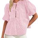 PRETTYGARDEN Women's Tie Front Striped Shirt 2025 Summer Trendy Fashion Cute Babydoll Tops Peplum Puffy Sleeve Blouse (X-Large, Pink)