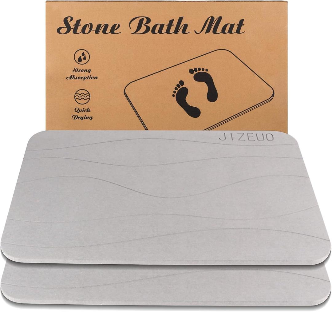 Stone Bath Mat Large, Diatomaceous Earth Shower Mat, Non-Slip Super Absorbent Quick Drying Bathroom Floor Mat, 2 Pack,23.62x15.35, Light Grey