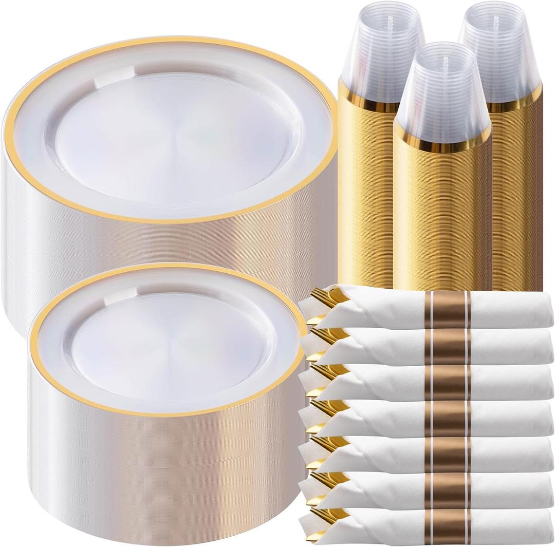 Goodluck 350 Piece Gold Plastic Dinnerware Set for Party, Clear Disposable Plates for 50 Guests, Include: 50 Dinner Plastic Plates, 50 Dessert Plates, 50 Pre Rolled Napkins with Cutlery Set, 50 Cups,Gold, 350 Piece (50 guests)