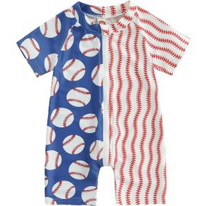 Toddler Baby Boy Summer Swimsuit Baseball Zipper Rash Guard Swimwear Short Sleeve Crewneck Bathing Suit Sunsuit (18-24 Months, Blue)
