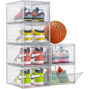 Thicken & Sturdy Clear Shoe Storage Organizer with Magnetic Door, Stackable Boxes for Closet, Foldable Space-Saving Shoe Rack for Sneaker Boot Container, Plastic Shoe Cabinet Shoe Box 6 Pack, White (6 pcs, White)