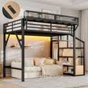 Bellemave Twin XL Loft Bed Frame with Storage Stairs, Beside Shelf & Wardrobe, Metal Loft Bed Twin XL with USB Ports & LED Light, Large Under-Bed Space Loft Beds for Adults, Teens, Kids, Black Natural