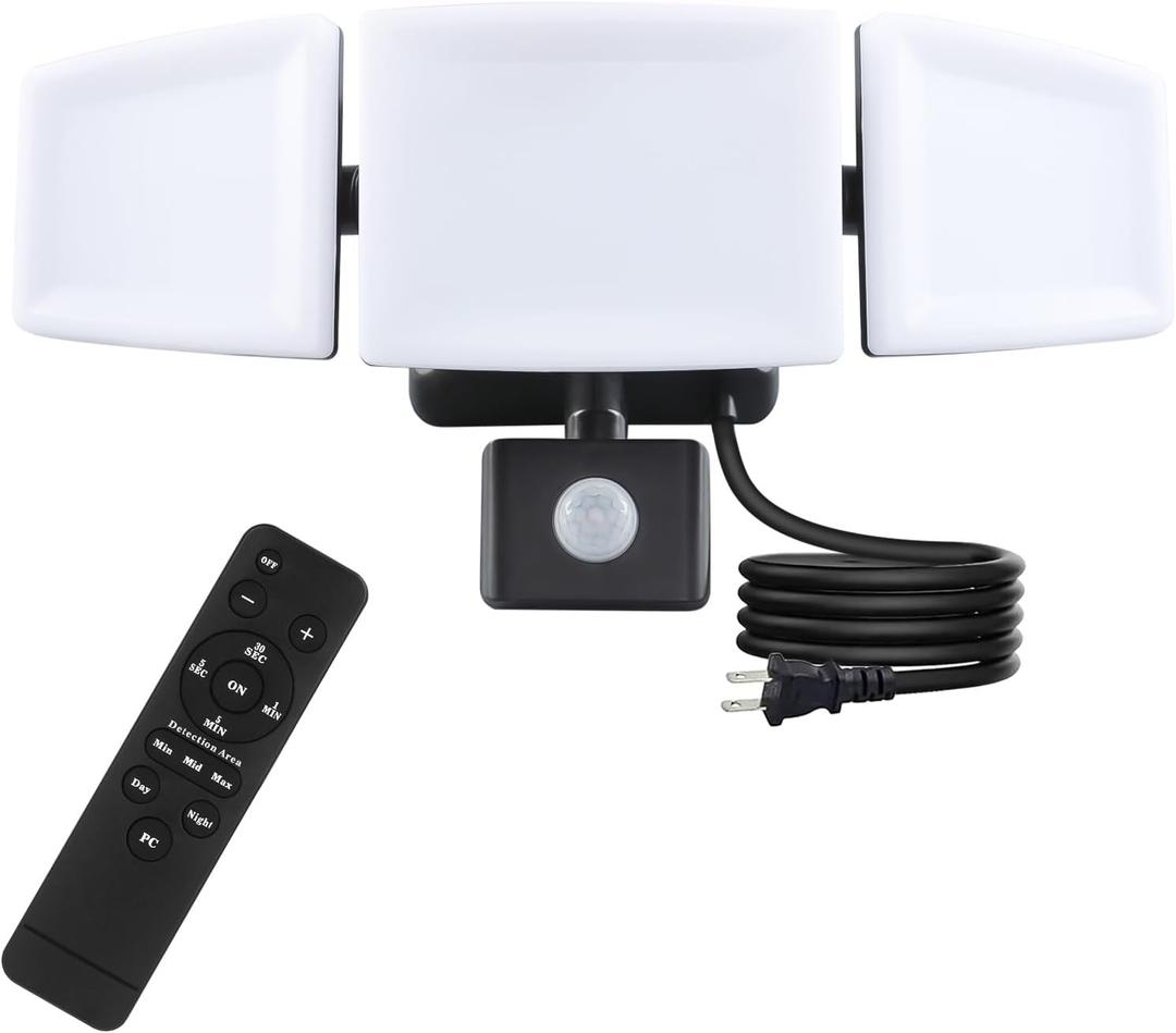 Ganiude 35W Plug in Flood Light Outdoor, Motion Sensor Plug in LED Security Light with Remote Control, Dusk to Dawn, 3 Heads, 3500LM, 5000K, IP65 Waterproof Exterior Lamp for Porch, Garage, Yard