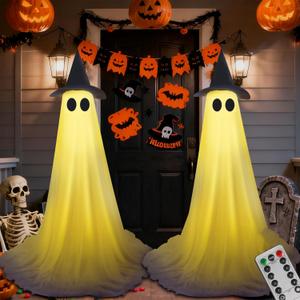 Halloween Decorations Outdoor Ghost Kit - 2 Pack DIY Halloween Decor Spooky Ghost Decor with 50 LED Lights Battery Operated,Hat,for Outdoor Indoor Porches Yards Gardens Lawn (Warm White)