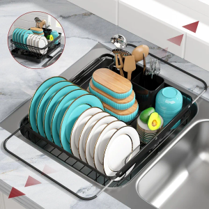 Dish Drying Rack in Sink- Expandable Dish Drying Rack Used Over Sink, in Sink & on Countertop, Rustproof Kitchen Dish Drying Rack with Removable Cutlery Holder, 16.1" D x 12" W x 4.2" H, Black