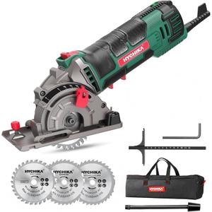 HYCHIKA Mini Circular Saw, Compact with 3 Blades 4A Pure Copper Motor, Scale Ruler, 3-3/84500RPM Ideal for Wood, Soft Metal and Plastic Cuts (Green)