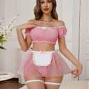 Aranmei Lingerie for Women Sexy Lingerie Sets Mini Mesh Skirt with Thong 4 Pieces(with Stockings) (Pink, XL)