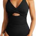 Aleumdr Women's Ribbed One Piece Swimsuit Tummy Control High Cut Bathing Suit Sexy V Neck Criss Cross Monikini (Large, Black)