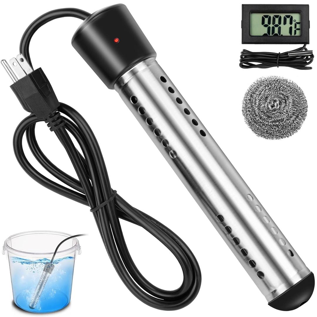 2000W Immersion Water Heater, Electric Portable Water Heater with Digital LCD Thermometer, Bucket Heater with 304 SS Guard Fast Heating 5 Gallons of Water in Minutes for Bathtub