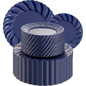 U-QE 100PCS Blue Disposable Plates - Heavy Duty Blue Plastic Plates for Party/Wedding - Include 50PCS 9inch Blue Dinner Plates and 50PCS 6.5inch Blue Dessert/Salad Plates