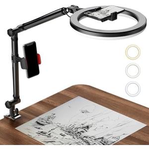 Ring Light with Stand and Phone Holder, USB 10" Ring Light for Desk, Overhead Camera Mount with Ringlight, Desk Lamp with Clamp for Photography/Makeup/Live StreamVideo/YouTube