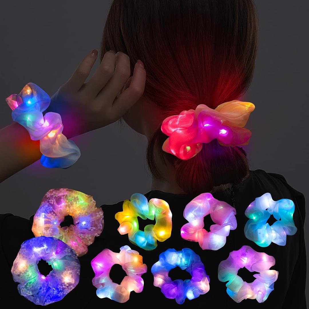 8 Pcs LED Scrunchies for Women - Scrunchy, Light Up Scrunchies for Girls, Colorful Yarn Hair Tie Multi Light Modes, Glow in the Dark Hair Accessories for Christmas Rave Party 