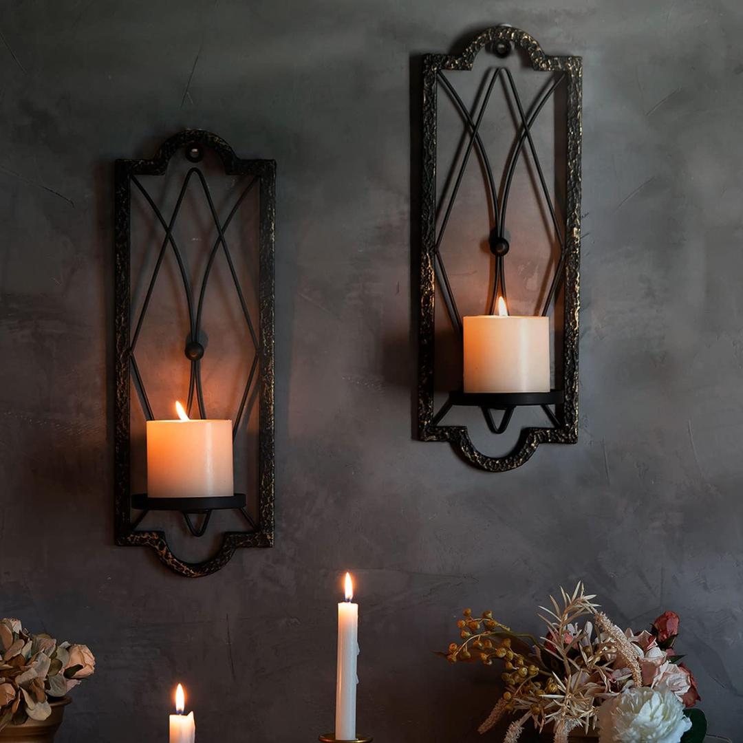 Candle Sconce(Set of 2),Metal Wall Decorations,Rustic Home Decor,Wall Candle Sconces,Gold Black Wall Sconces (Black Gold Sconce-ch)