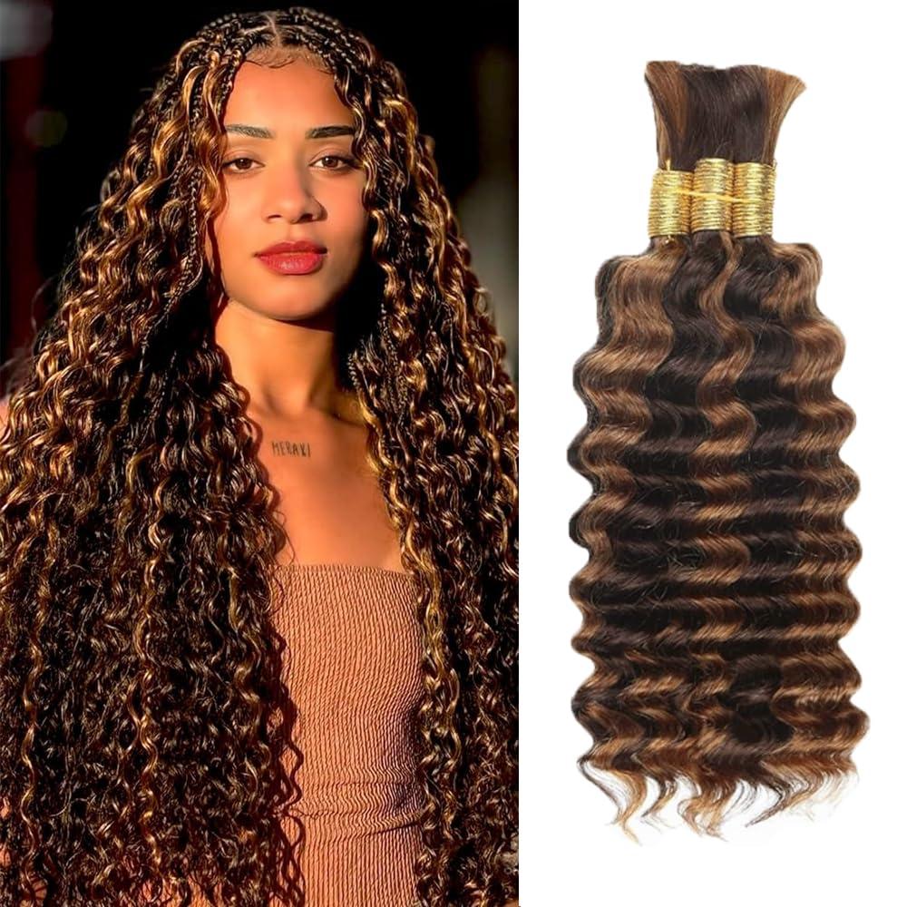 Light Brown Human Braiding Hair Brown Deep Wave Human Boho Braiding Hair 22 22 22 Inch 4/30 Deep Wave Bulk Hair Extensions 150g 3 Bundle